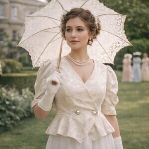 Vtg Ivory Jacquard Coquette Blouse 10 Victorian Peplum Bridgerton Romantic 80s